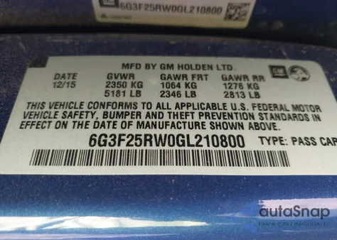 2016 Chevrolet Ss из США, поврежденный, VIN 6G3F25RW0GL210800